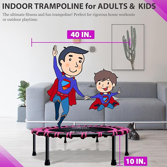 DARCHEN 400LBS Rebounder Trampoline for Adults, Indoor Mini Trampoline Silent Fitness Trampoline Small Bungee Rebounder Jumping Cardio Trainer Workout Exercise Workout with Handrail Bar [40 Inch]