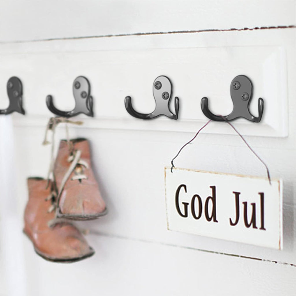 12 Heavy Duty Double Prong Coat Hooks | Wall Hooks with 24 Screws for Kitchen, Grocery Room, Bedroom