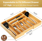 Umilife Large Expandable Kitchen Silverware Utensils Drawer Organizer, 2.5" Extra High Adjustable Drawer Divider with Curved Grooves, Bamboo Wood Cutlery Tray Flatware Holder