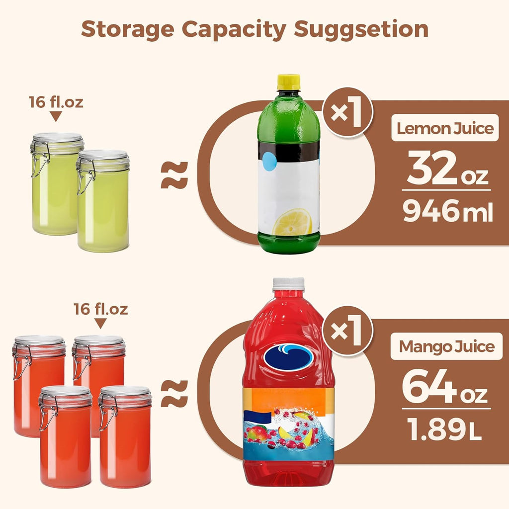ComSaf Glass Jars with Airtight Lid Set of 6，Mason Jars 16 oz with Lids, Pint Jar, Canning Jar, Airtight Canister with Seal Wire Clip Fastening for Vanilla, Pickle, Cookie, Honey