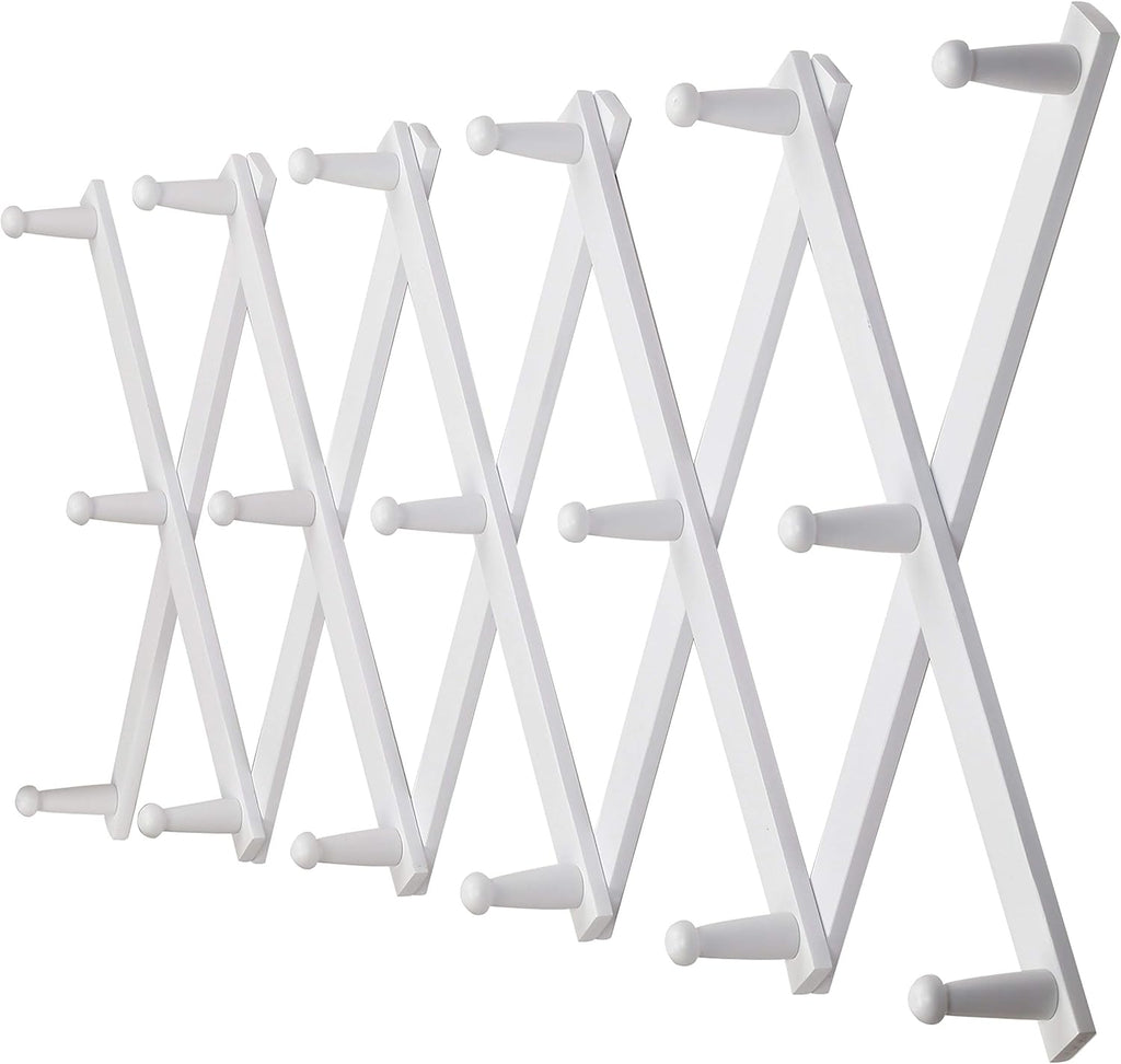 Dseap Accordian Wall Hanger: 16” High Wooden Wall Expandable Coat Rack, Hat Rack Holder, Accordion Hook for Baseball Caps, Coats, Mugs, 17 Peg Hooks, White