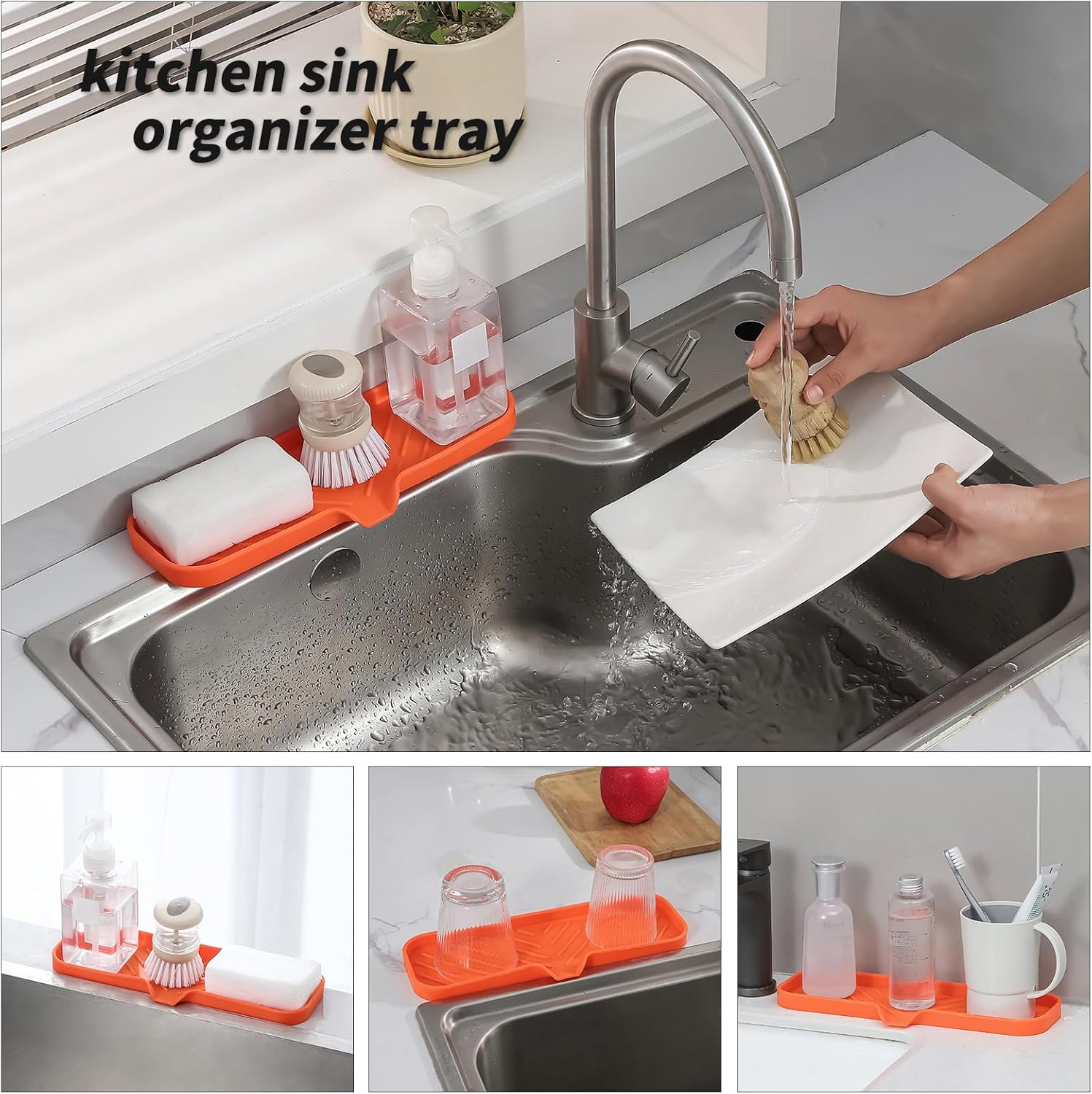 Silicone Bathroom Soap Dishes with Drain Spout-Bathroom and Kitchen Sink Organizer,Sponge Holder,Dish Soap Tray,Perfect for Dispenser,Scrubber,Bottle,Cup on Sink or Counter-Orange 12"×4"