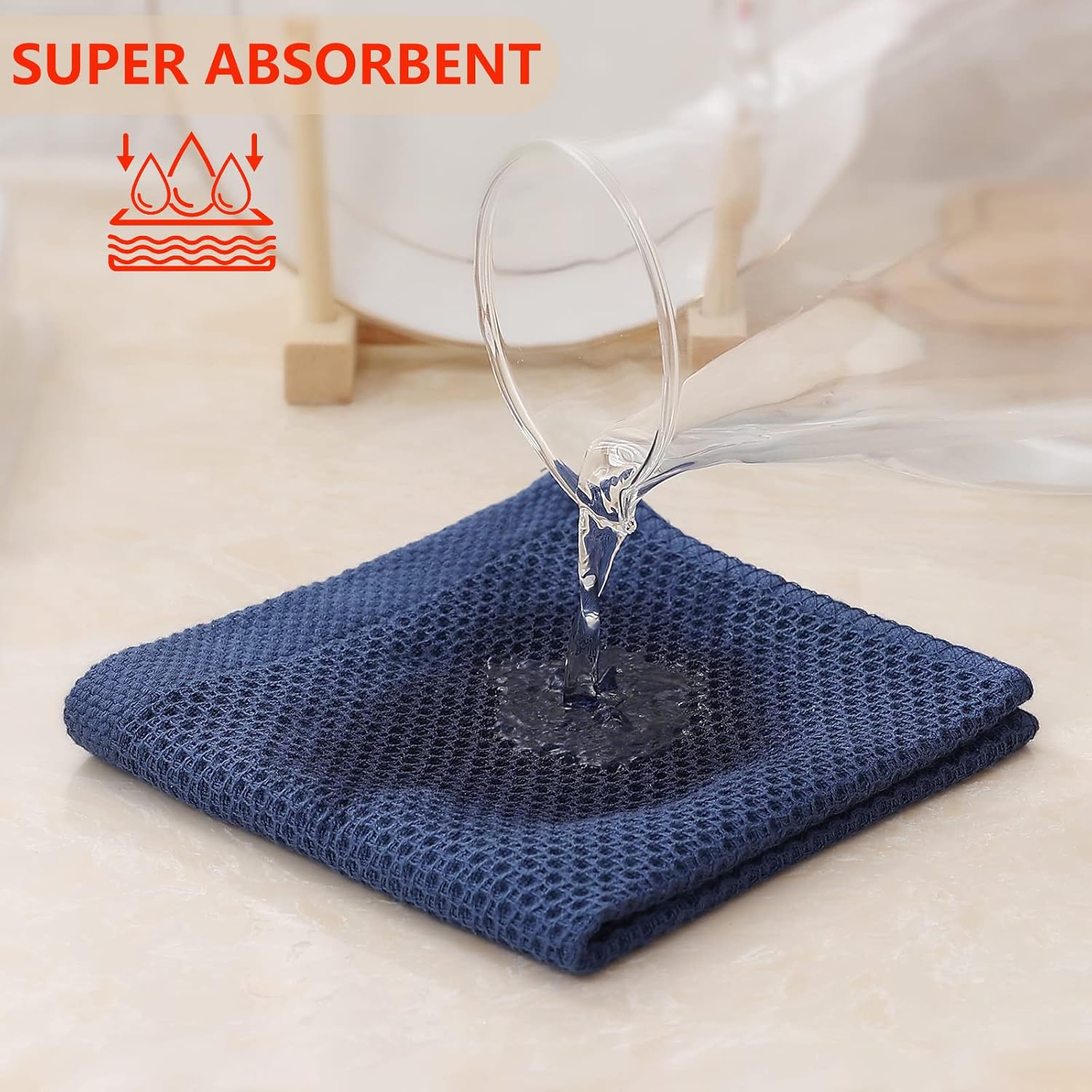 Kitinjoy 100% Cotton Kitchen Dish Cloths, 6 Pack Waffle Weave Ultra Soft Absorbent Dish Towels for Drying Dishes Quick Drying Kitchen Towels Dish Rags, 12 X 12 Inches, Navy Blue