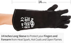 RAPICCA Fireplace Gloves Fire Heat Resistant: Black 14IN - Fireproof Leather for Fireplace Fire Pit Wood Stove Campfire Furnace BBQ Grill Oven Stick Mig Welding Welder Gear - Birthday Gift for men