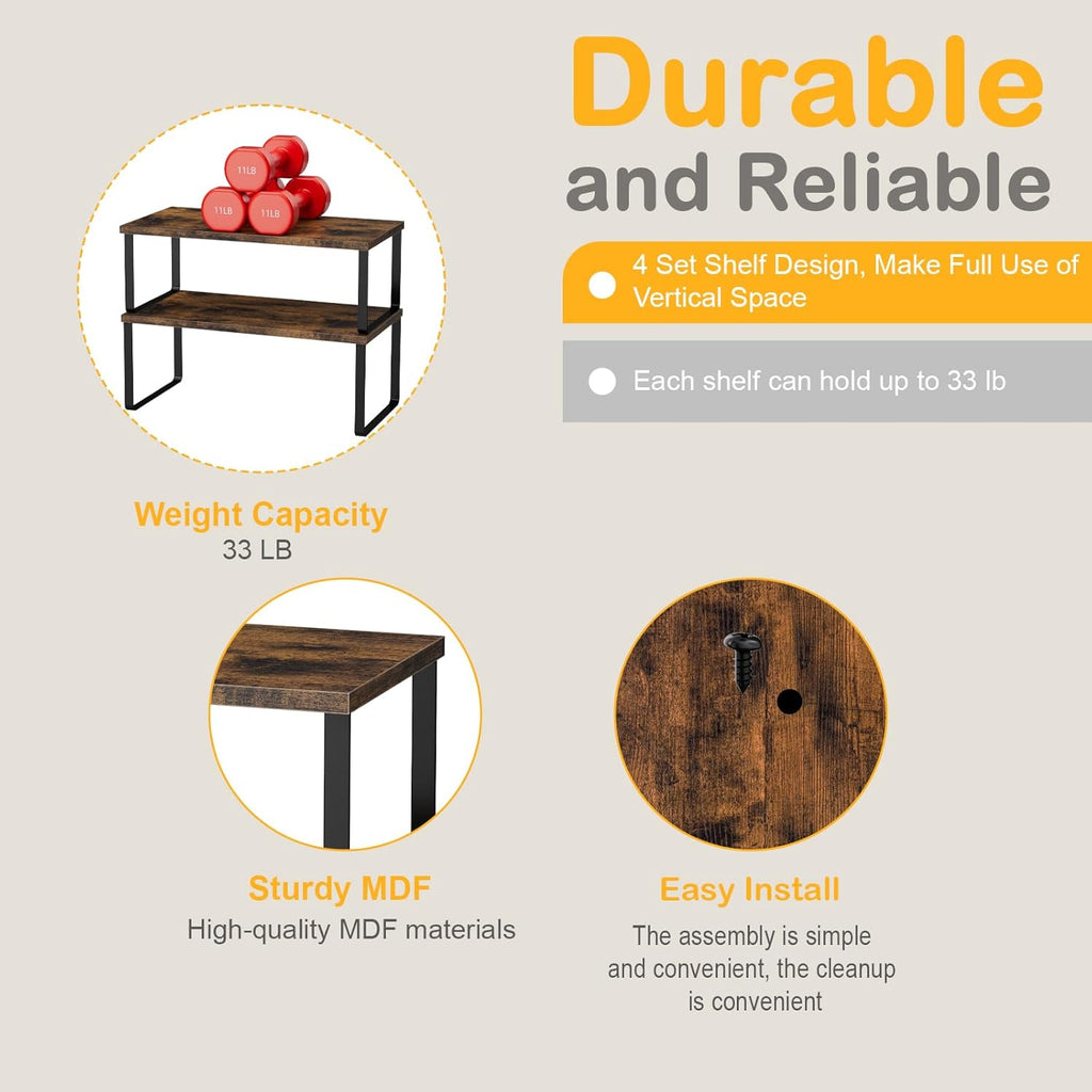 Cabinet Shelf Organizers, 15.7 inches Large Kitchen Counter Shelf, Set of 4 Wood Kitchen Pantry Organizer, Storage Shelves for Countertop, Spice Rack, Stackable, Expandable, Metal Black, Brown