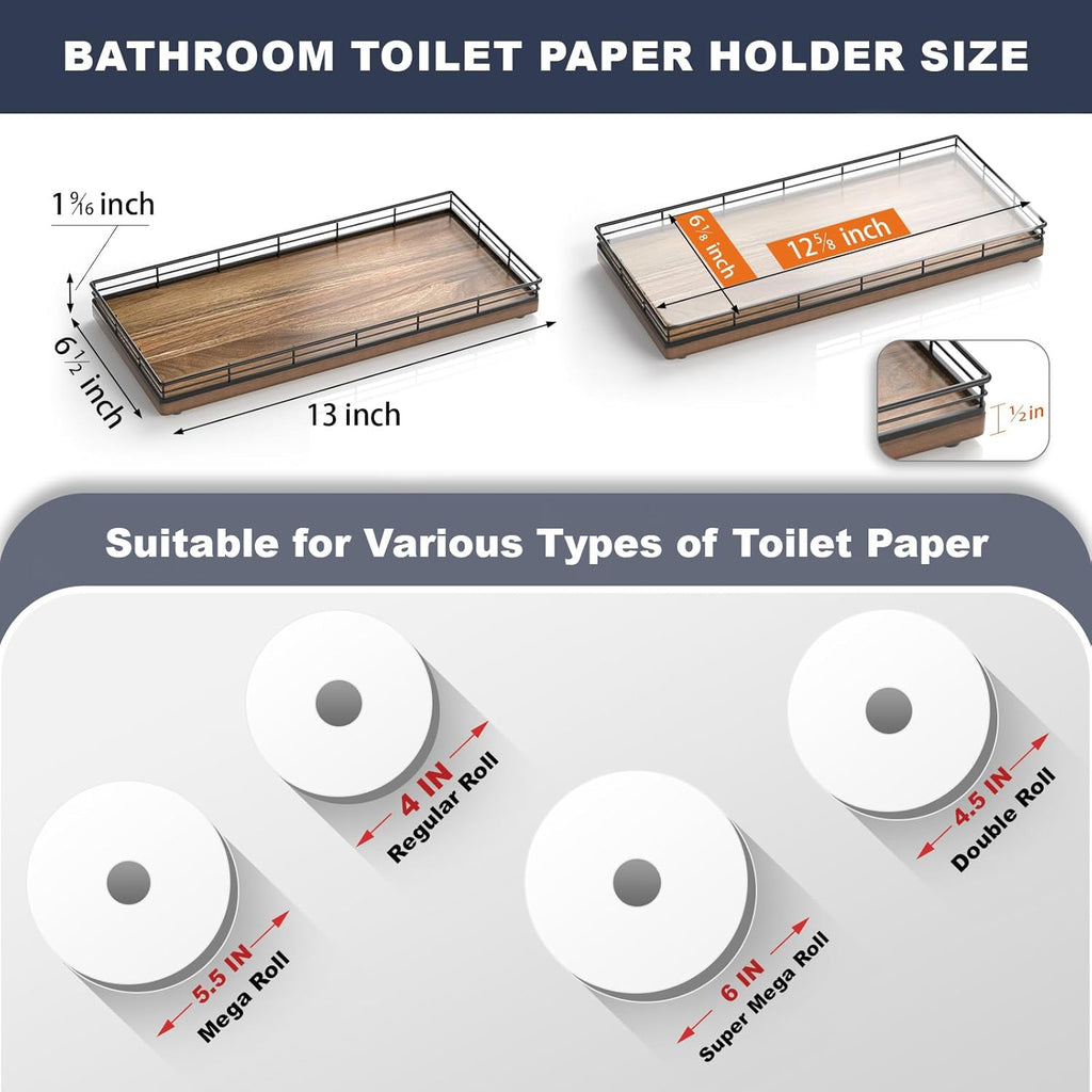 Acacia Bathroom Toilet Tank Tray, 13" Wood Toilet Paper Storage Basket Back of Toilet Basket Organizer, Vanity Tray for Perfume Makeup Candle Kitchen Counter Coffee Table Decor