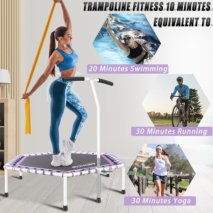 Newan 48'' Fitness Trampoline with Adjustable Handle Bar, Silent Trampoline Bungee Rebounder Jumping Cardio Trainer Workout for Adults - Max Limit 330 lbs