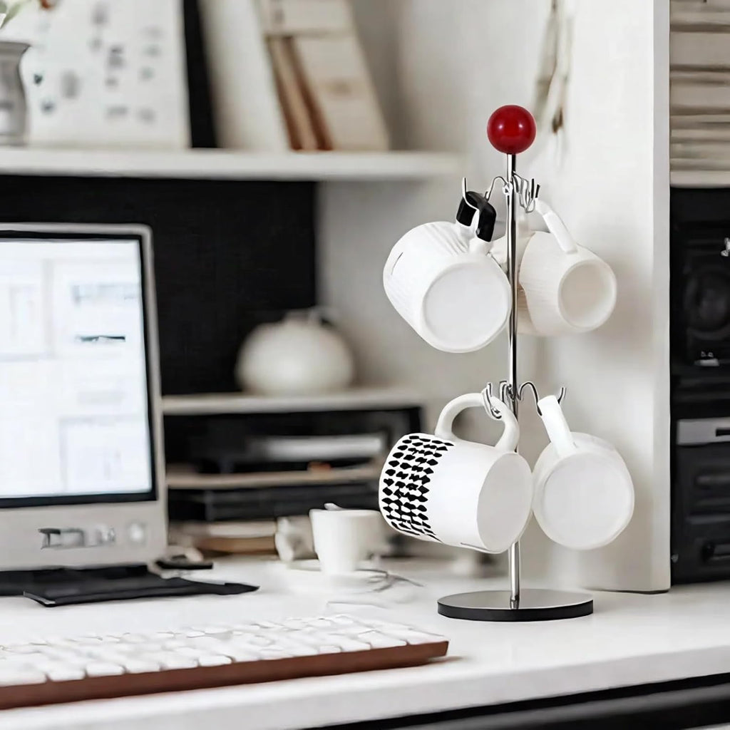 Mug Holder,6 Hooks Coffee Mug Tree for Counter,No Assembly Metal Cup Holder with Stable Acrylic Base,Mug Rack for Coffee Bar Accessories,Red