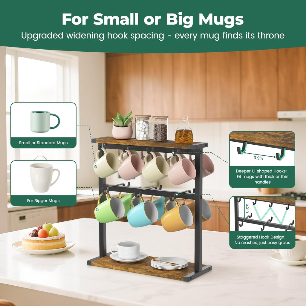 EsLuker.ly Coffee Mug Holder Cup Tree Rack for Countertop, 2 Tier Rustic Wood Coffee Bar Station Organizer Narrow Display Stand for Kitchen Office, Hold 14 Mugs with Sturdy Base, Free Up Counter Space