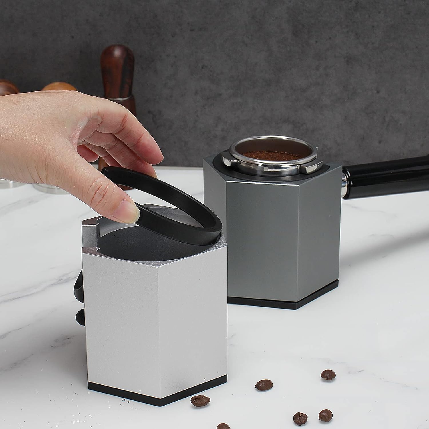 Espresso Tamping Station, Coffee Portafilter Holder, Aluminum Alloy Stand for Most 51mm, 53mm, 54mm, 58mm Coffee Portafilter (Hexagon,Silver)