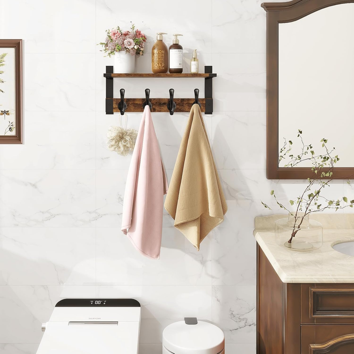 Homode Coat Rack Wall Mount with Shelf, Wood Wall Hooks with Shelf, Heavy Duty Entryway Shelf with Hooks with 4 Metal Hangers for Hanging Key Towel Hat Purse, Bathroom Bedroom, Rustic Brown Black