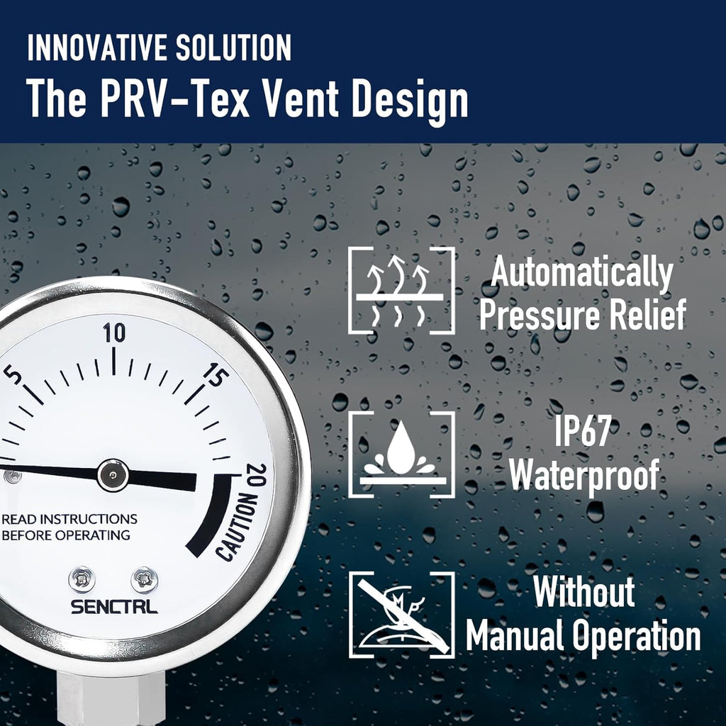 SENCTRL 0-20 Psi Pressure Cooker Canner Gauge Replacement Part, 2" Dial Size, Stainless Steel Case, 1/8" NPT Male Lower Mount, Waterproof, with Silicone Adapter and Nut, for Pressure Cooker Canning