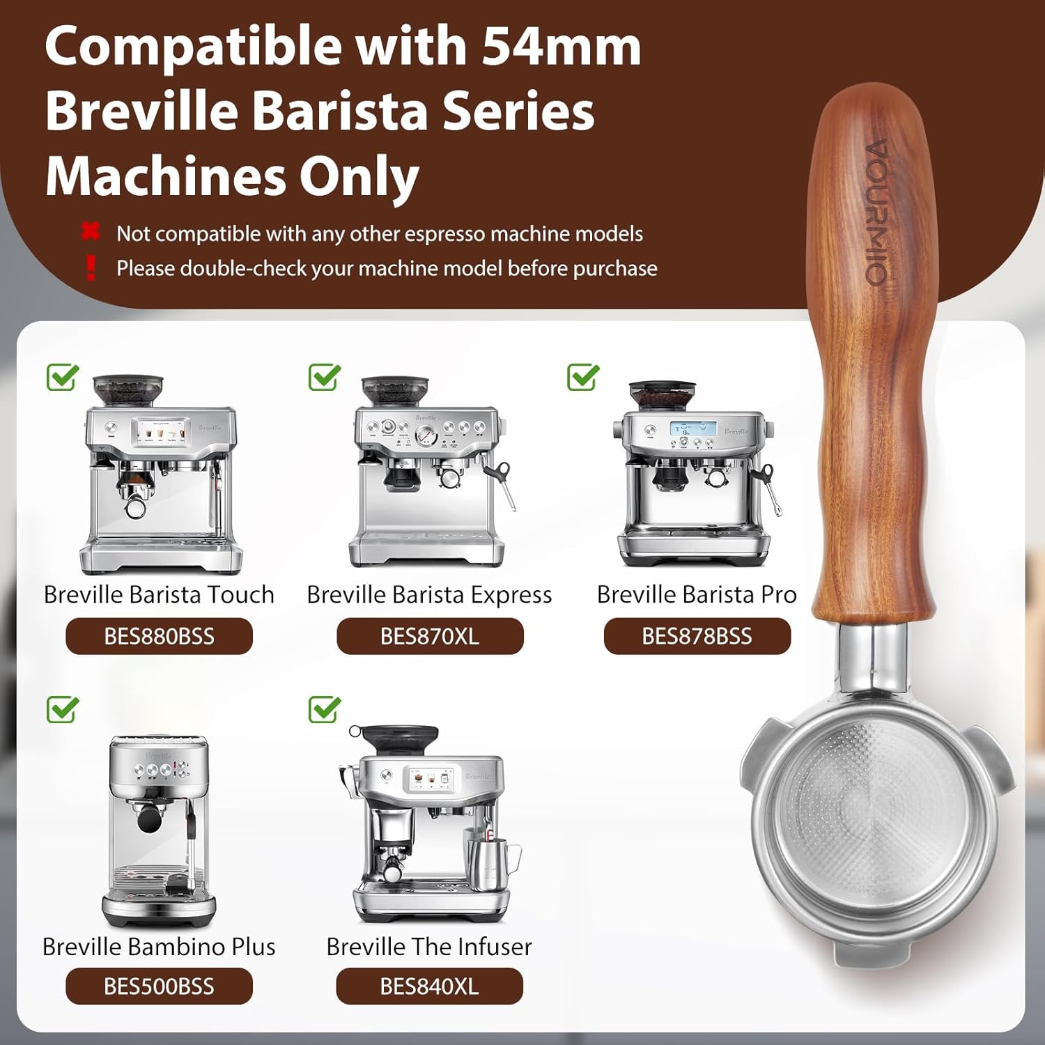 54mm Bottomless Portafilter - Breville Compatible Naked Portafilter, Rosewood Handle & 18-20g Filter Basket & Puck Screen Included, Fits Barista Express, Pro, Touch, Bambino Plus, Infuser