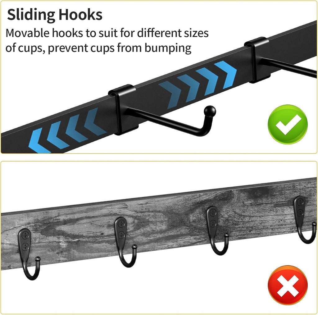 RCHYFEED Coffee Mug Holder Wall Mounted, Mug Rack Organizer for Home Kitchen Display and Collection, Metal Cup Holder Mug Tree with Adjustable 12 Hooks and Storage Shelf for Coffee Pods Sugar Bags