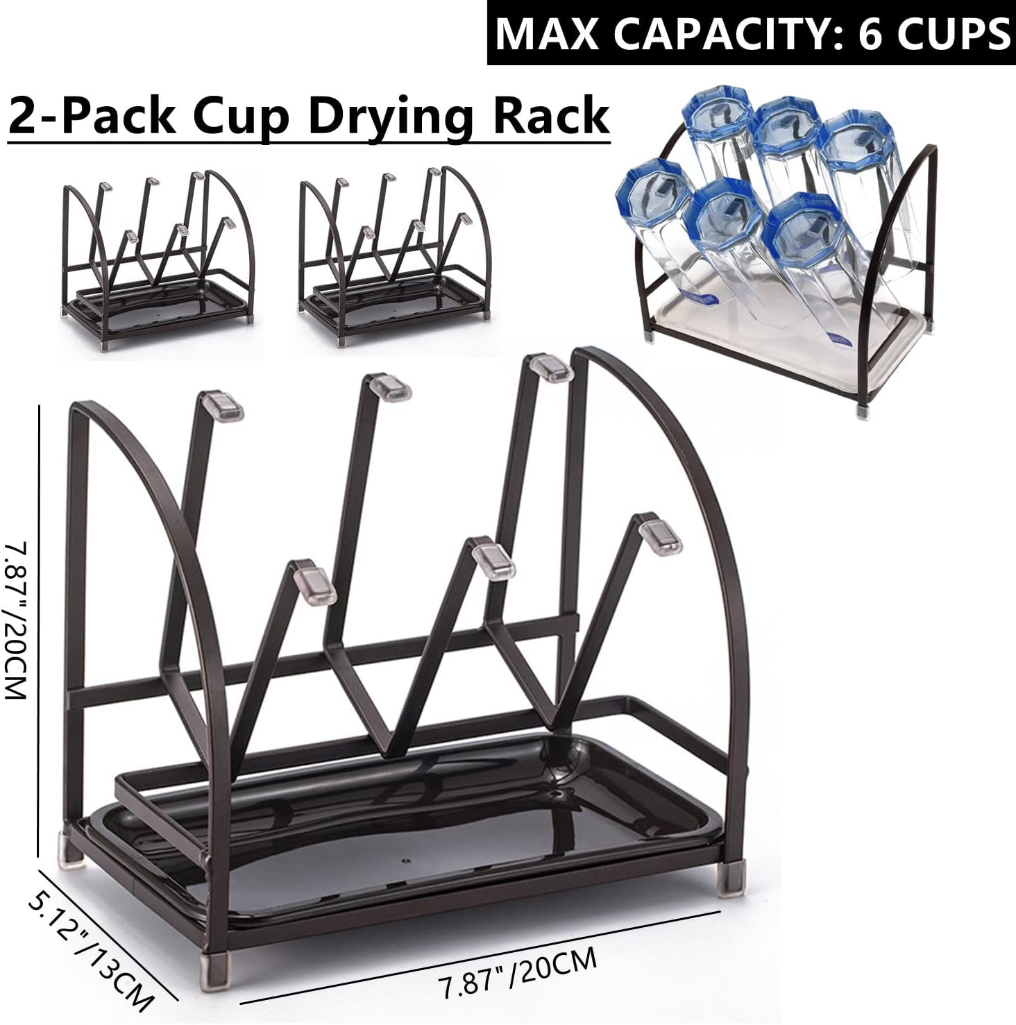 RHBLME 2 Packs Glass Drying Rack, Vertical Bottle Drying Rack Glass Bottle Holder with Drain Tray, Silicone Protective Hooks, Carbon Steel Non Slip Cup Mug Organizer for Glass Coffee Mug Countertop