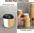 Uiifan 100 Set 4oz Disposable Espresso Cups with Lids Ripple Corrugated Paper Disposable Coffee Insulated Hot Ripple Cups for hot Chocolate, Tea, and Cocoa Drinks(Kraft Paper Color)