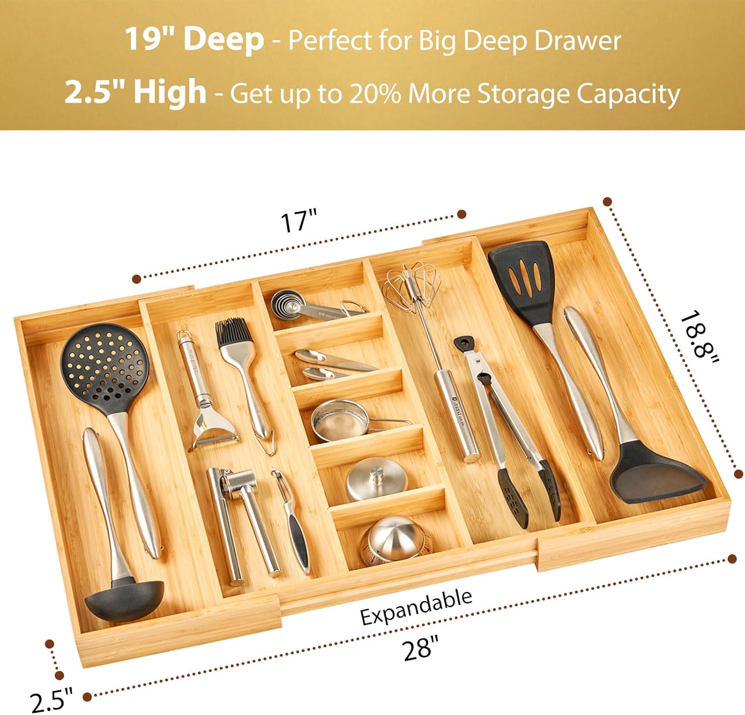 Umilife Extra Large Expandable Kitchen Drawer Organizer for Utensil and Junk, 19" Deep for Big Drawer, 17" to 28" Adjustable Bamboo Wood Drawer Divider, Cutlery Tray, Flatware Holder