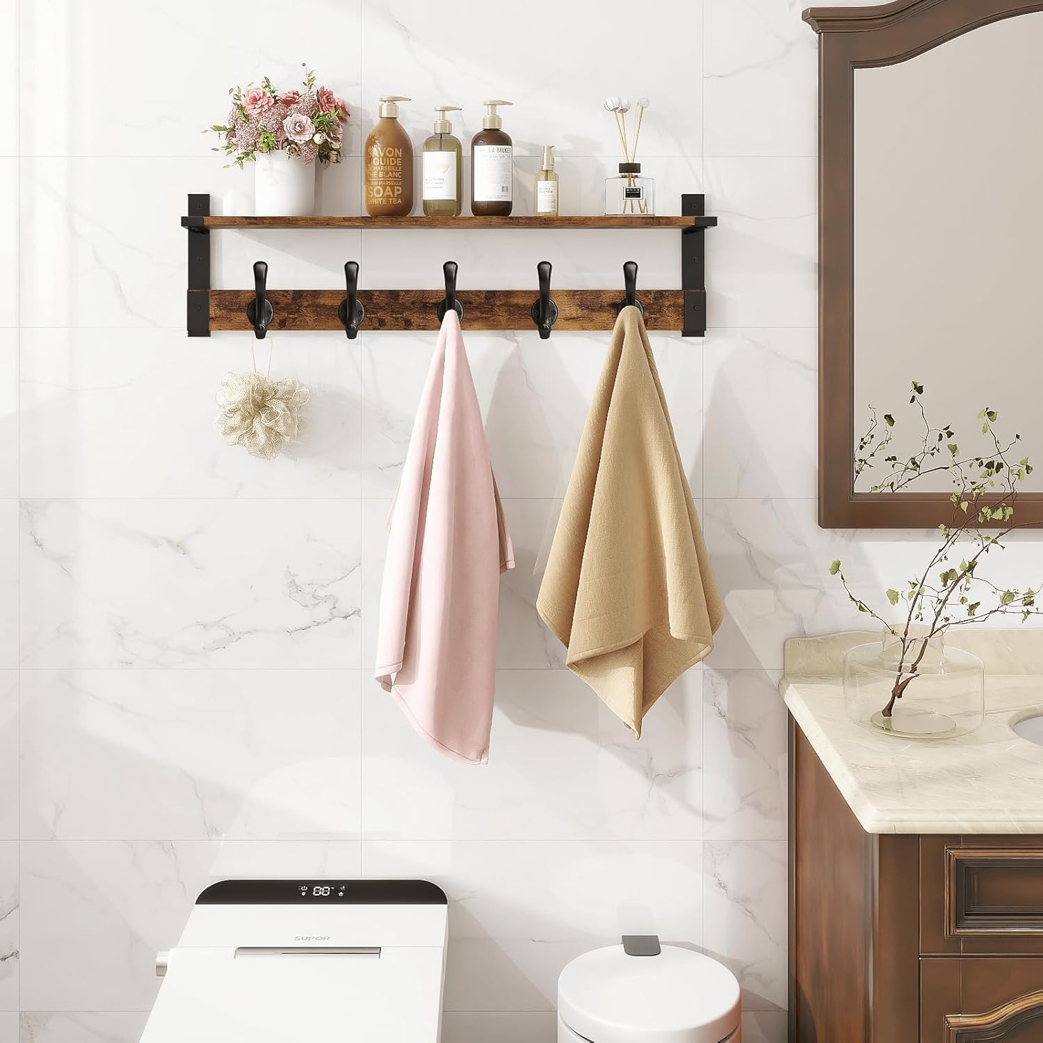 Homode Coat Rack Wall Mount, 29 Inch Long Shelf with Hooks, Wood Entryway Shelf with 5 Hangers for Hanging Hat Jacket Backpack Purse, Rustic Brown Black