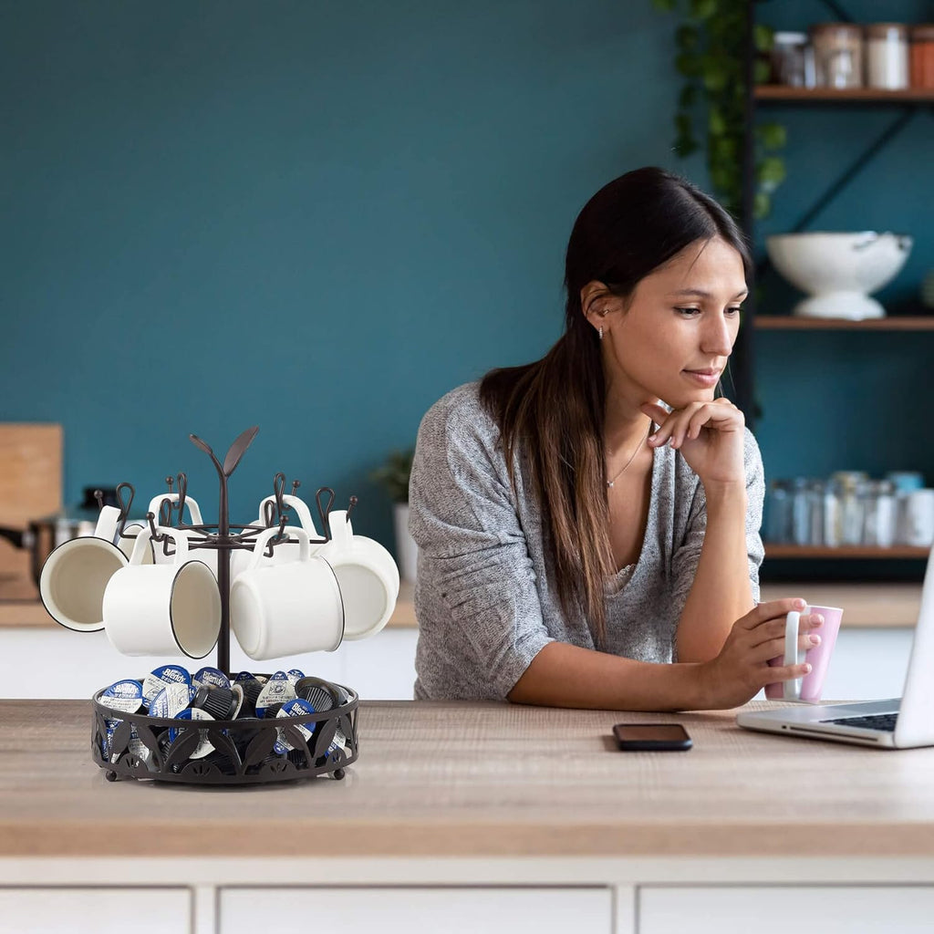 ALLCENER Mug Tree Countertop, Rotatable Mug Holder Stand with 6 Hooks for Coffee Bar Counter Cabinets and Kitchen Organizer