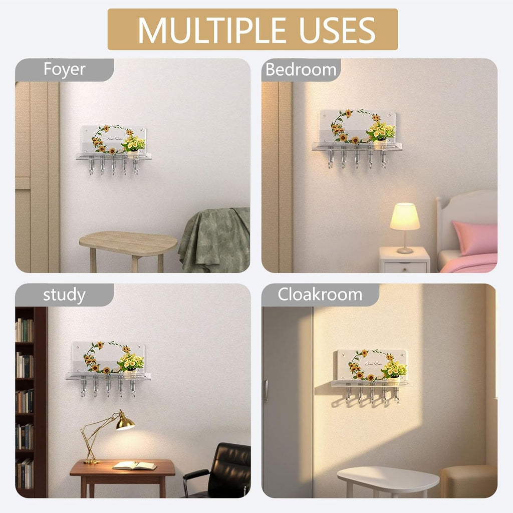 Sunflower Key Holder Wall Mount, Transparent Acrylic Wall Mail Key Organizer Shelf with 5 Hooks Tray for Keys, Mail, Bags Home Decor Key Rack Hanger, Easy Install