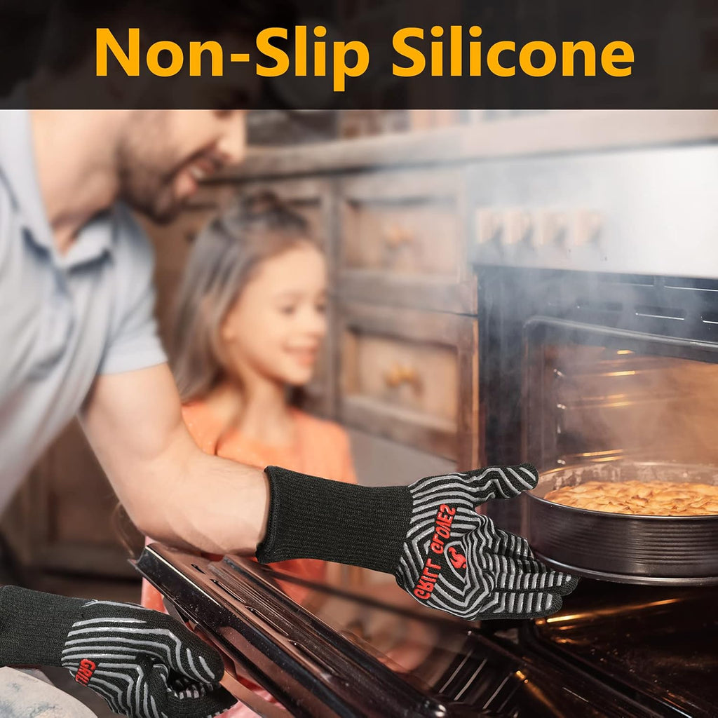 QUWIN BBQ Gloves, Oven Gloves 1472℉ Extreme Heat Resistant, Grilling Gloves Silicone Non-Slip Oven Mitts, Kitchen Gloves for BBQ, Grilling, Cooking, Baking-1 Pair… (Black, One Size(Long Cuff))