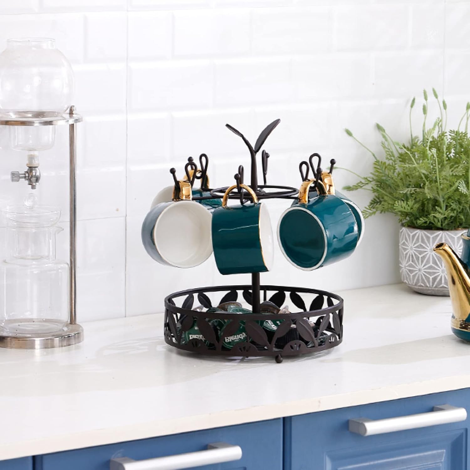 Coffee Mug Holder with Coffee Pod Basket Storage, Rotatable 6-capacity Cup Mug Holder Tree, Coffee Counter Bar Accessory & Kitchen Organizer