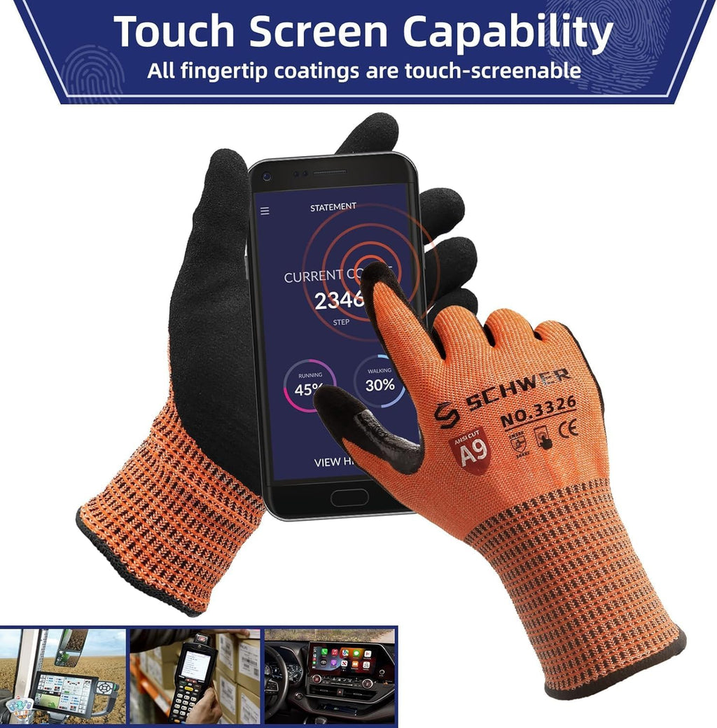 Schwer ProGuard Highest Level Cut Resistant Work Gloves PR3326 for Extreme Protection，ANSI A9 Cut Gloves with Reinforced Thumb, Non Slip, Non PFAS, Durable, Touch-screen, Orange 2 Pairs（L）