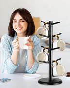Lorbro Coffee Mug Tree with 8 Hooks, Mug Tree Stand, Wooden Coffee Cup Holder, Countertop Mug Tree, Mug Stand Kitchen Organizer, Cafe Accessories Decor & Kitchen Organizer Storage Stand (Black)