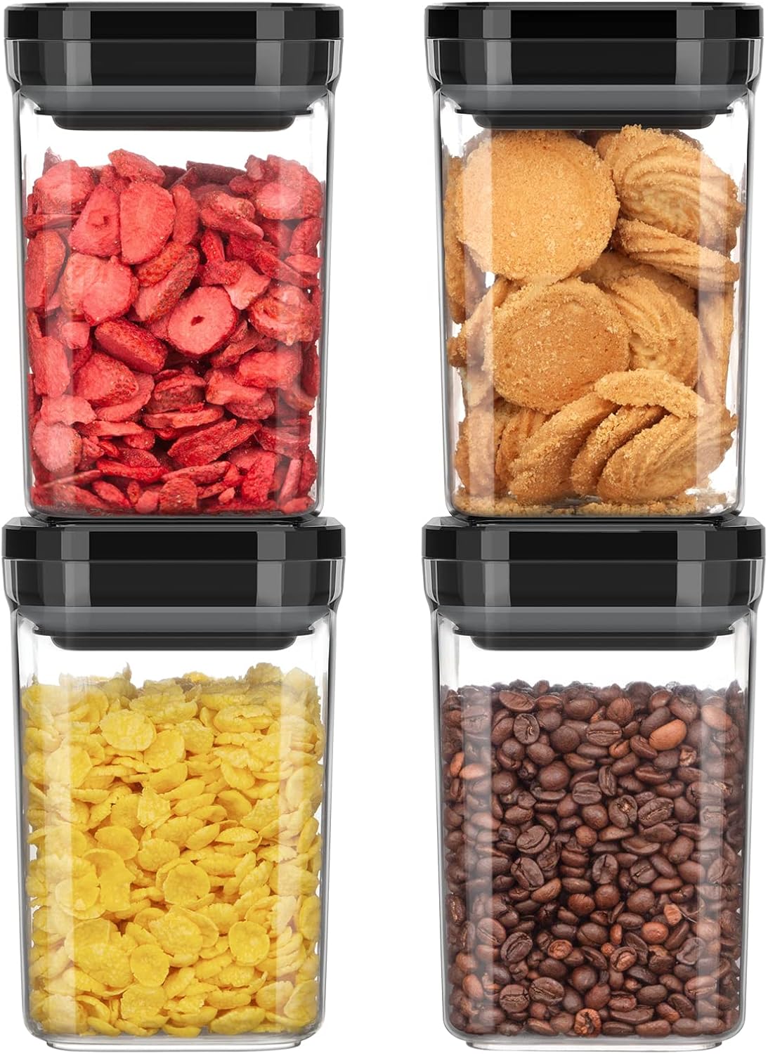 MR.SIGA 4 Pack Airtight Food Storage Container Set, BPA Free Kitchen Pantry Organization Canisters, One-handed Airtight Cereal Snack Candy Storage Containers, 1 L / 34oz, Medium, Black
