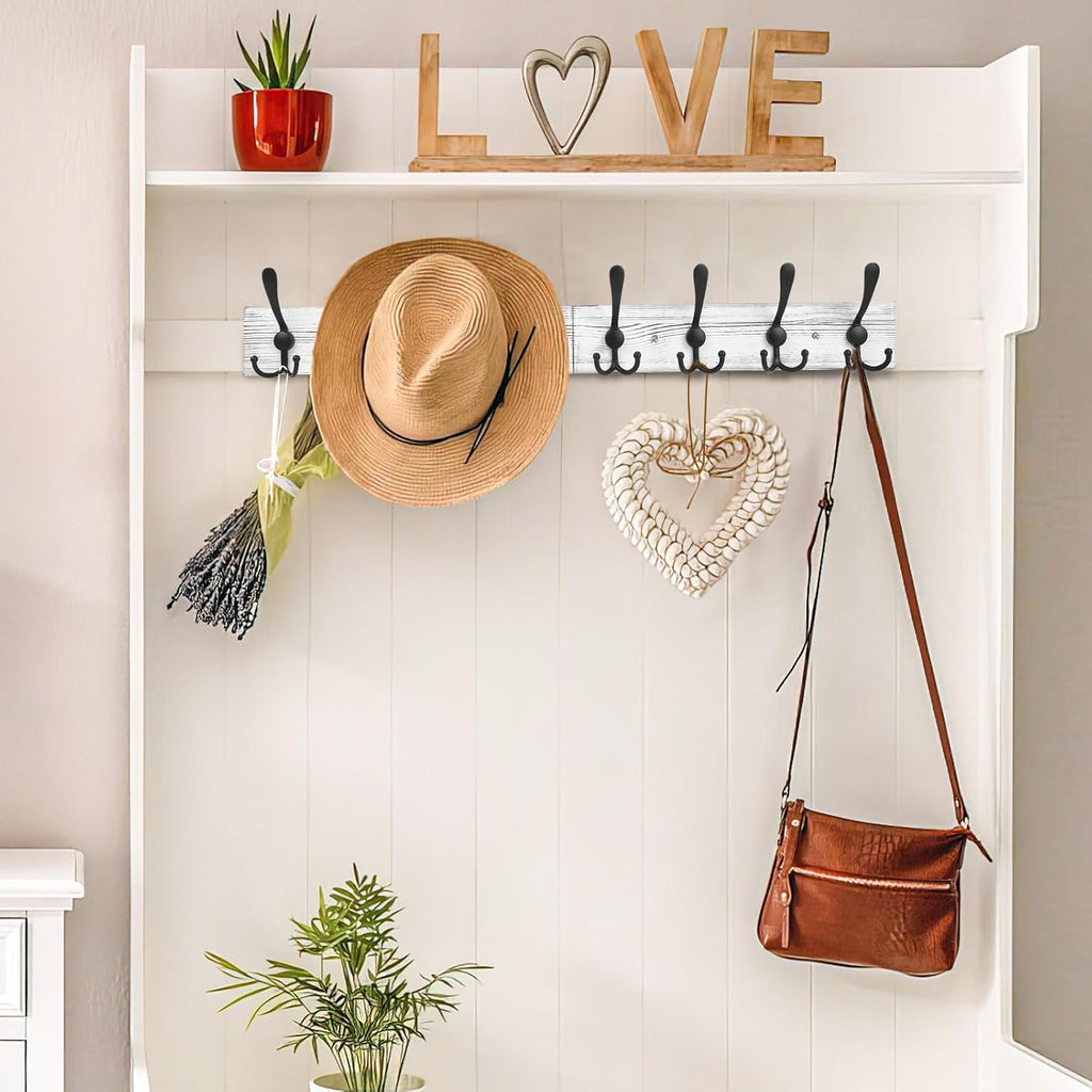 IBosins Wall Mounted Coat Rack, 31.4'' Long, Rustic Wood & Aluminum Coat Rack with 8 Black Tri-Hooks for Coat, Bag, Towel, Key, Hat, Umbrella