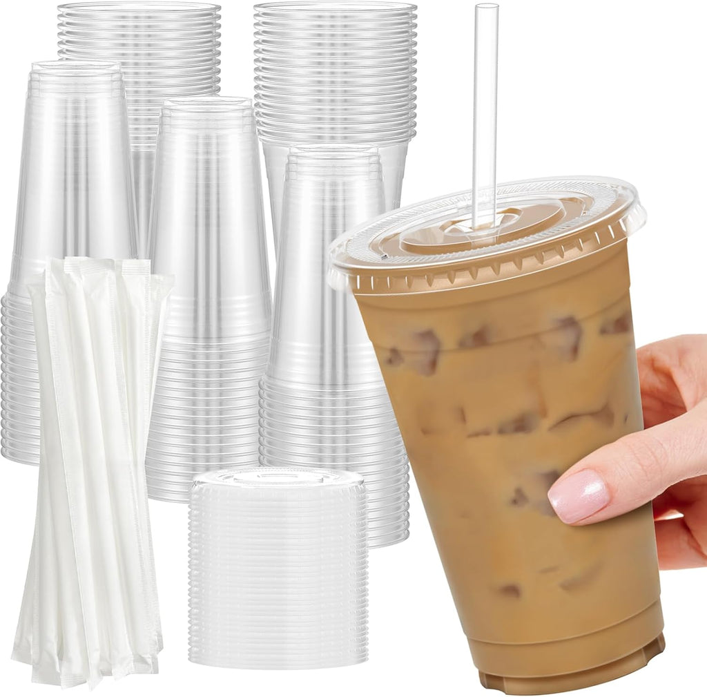 100 Pack - 24 oz Clear Plastic Cups with Lids and Straws, Sturdy & Food Safe Iced Coffee Cups with lids, Disposable Plastic Smoothie Cups for Cold Drinks