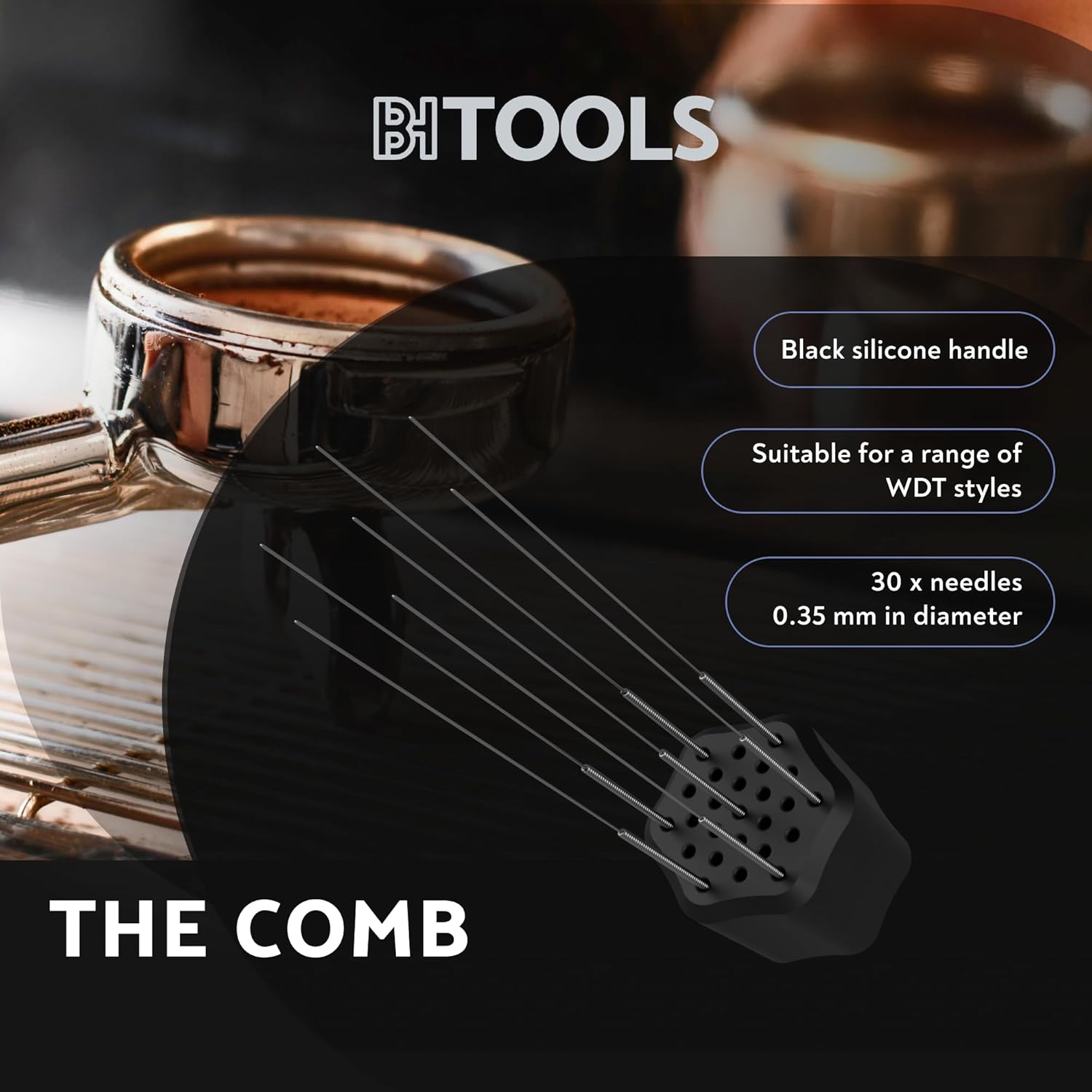 Barista Hustle WDT Espresso Distribution Tool, Coffee Distributor for Barista, 25 Needle Comb with Black Silicone Handle, 501 Stainless Steel for Precise Coffee Distribution, 30 Needles Included