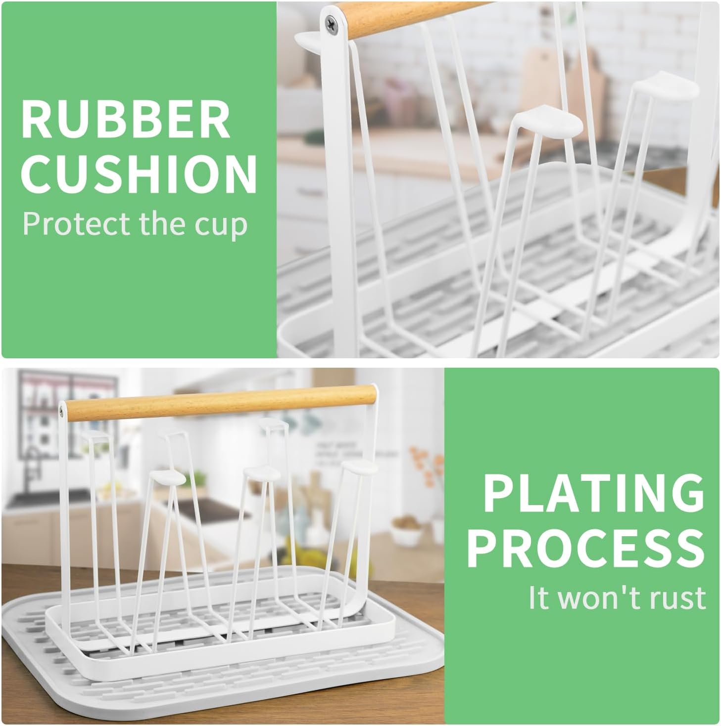 Cup Drying Rack Stand, 6 Cup Metal Drainer Holder Rack Non-Slip Mugs Cups Organizer with Wood Handle, White