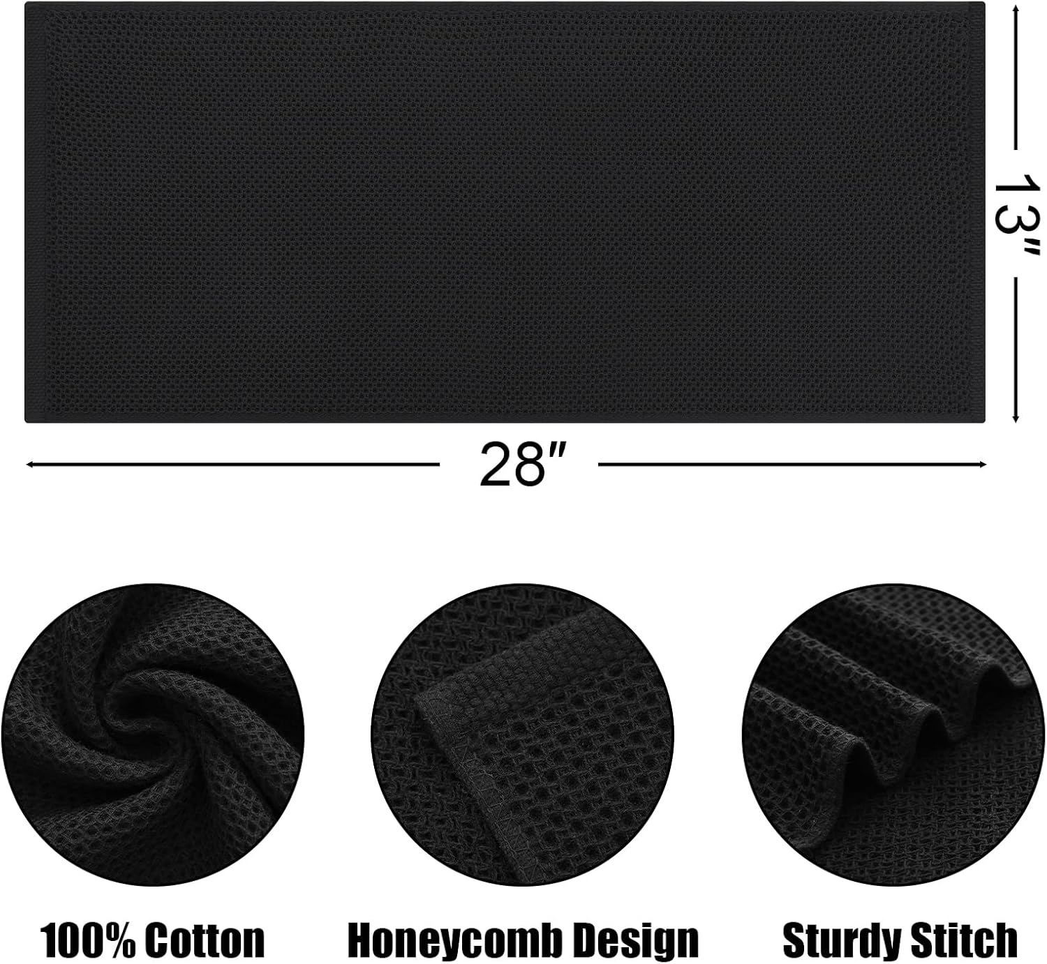 Kitinjoy 100% Cotton Waffle Weave Kitchen Towels, 6-Pack Super Soft and Absorbent Dish Towels for Drying Dishes, Kitchen Hand Towels, 13 in x 28 in, Black