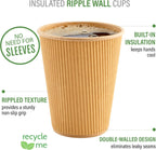 Restaurantware 8 Ounce Double Wall Disposable Coffee Cups, 500 Insulated Kraft Paper Tumblers with Ripple Wall Design, Lids Sold Separately for Hot Drinks like Tea, Hot Chocolate, and More