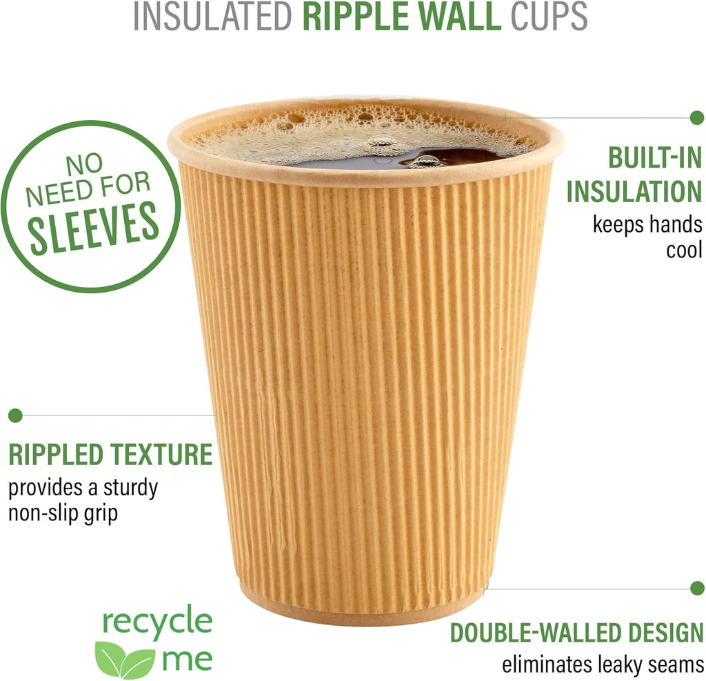 Restaurantware 4 Ounce Ripple Wall Disposable Coffee Cups, 500 Insulated Kraft Paper Tumblers with Rolled Rim Design, Lids Sold Separately for Hot Drinks like Tea, Hot Chocolate and More