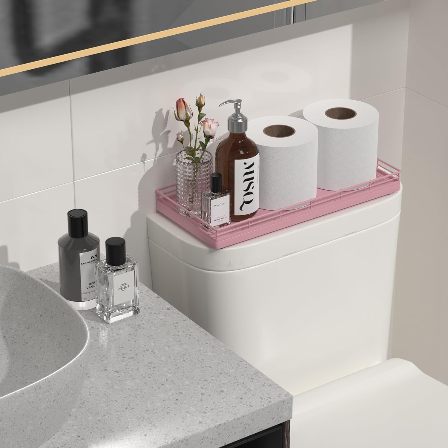 Oak Bathroom Toilet Tank Tray, 13" Wood Storage Basket, Back of Toilet Basket Organizer for Perfume Makeup Candle Kitchen Counter Coffee Table Pink Decor