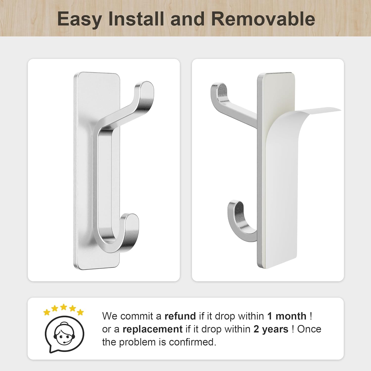 Wall Hooks for Coat and Towel: 13LB Adhesive Door Hanger Stick on, Silver 6 Pack