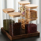 38 oz Glass Food Storage Jars with Airtight Lids, Clear Glass Jar with Bamboo Lid, Airtight Food Canister for Tea, Candy, Coffee, Sugar, Cookie, Snack. (Square | 5+6 Inch)