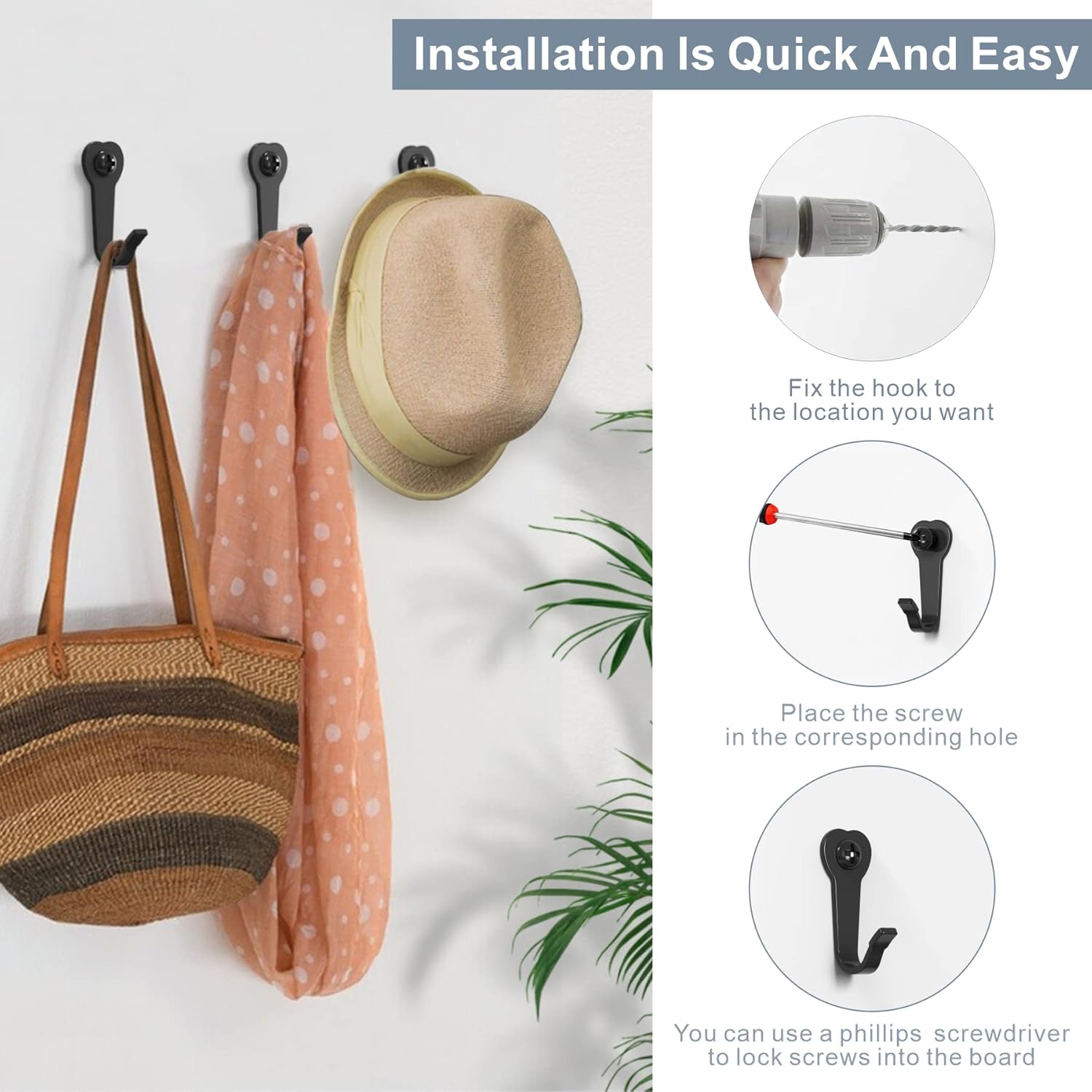 15 Utility Hooks Wall Mounted with 30 Screws - Black Heavy Duty Hooks for Coat, Robe, Bag, Key | Garage Entryway Hanging Organizer, Closet & Bathroom Hardware