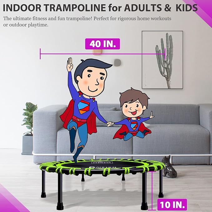 DARCHEN 400LBS Rebounder Trampoline for Adults, Indoor Mini Trampoline Silent Fitness Trampoline Small Bungee Rebounder Jumping Cardio Trainer Workout Exercise Workout with Handrail Bar [40 Inch]