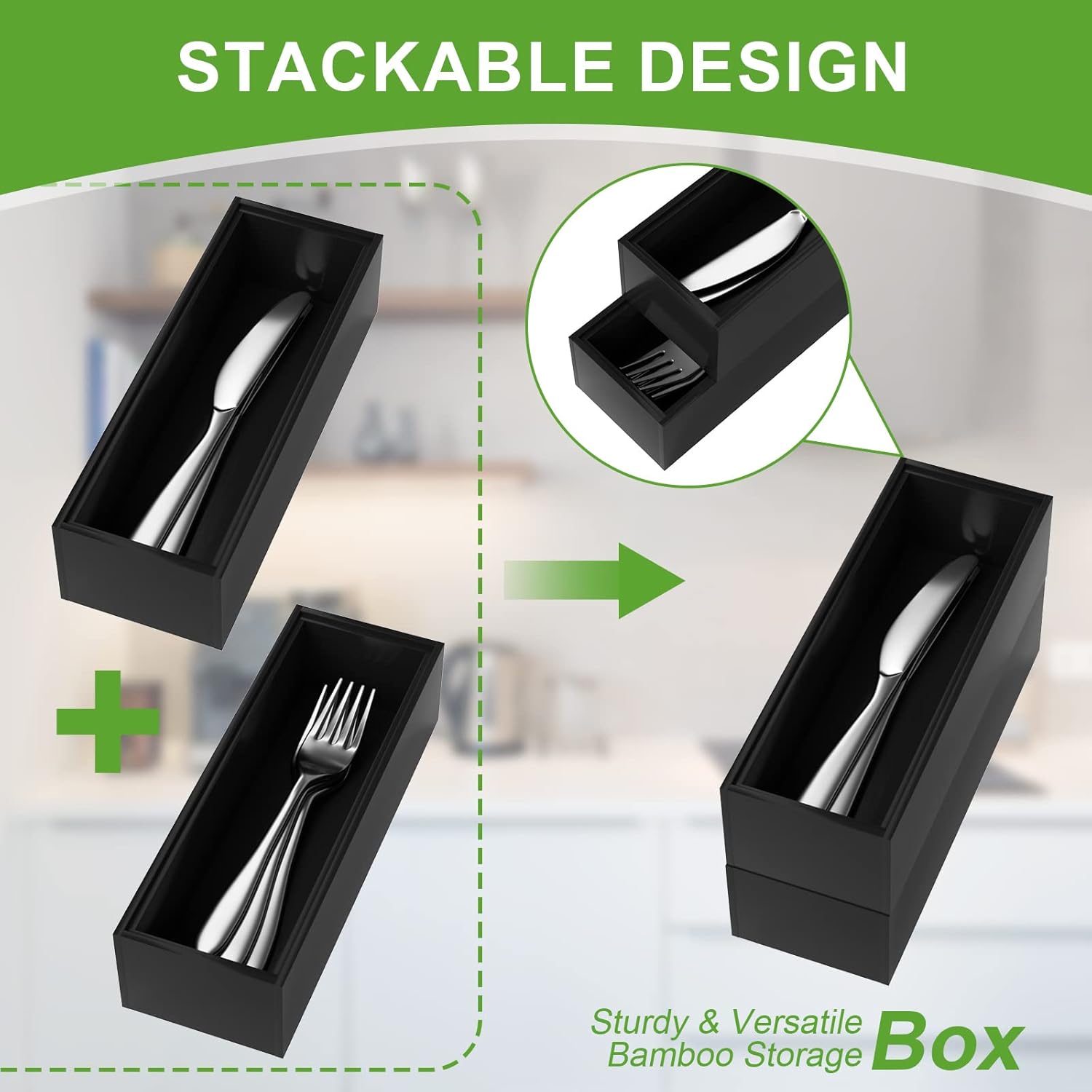 Premium Bamboo Kitchen Drawer Organizer - Set of 2, Stackable Utensils Holder, Storage Box Tray for Kitchen Drawers, Cabinet, Utensil, Silverware, Spatula, Flatware or Makeup, Vanity, Bathroom(Black)