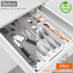 Silverware Organizer - Expandable Kitchen Drawer Organizer, BPA-Free Food-Safe Utensil Drawer Organizer with 7 Compartments, Deep Cutlery Tray for Forks, Knives, White