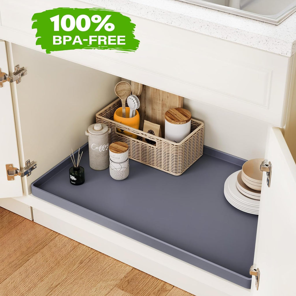 FLATO Waterproof Under Sink Mat 25" x 19" Shelf Liner for Kitchen and Bathroom, Cabinet Protector, Organizers and Storage, Flexible Silicone Drip Tray