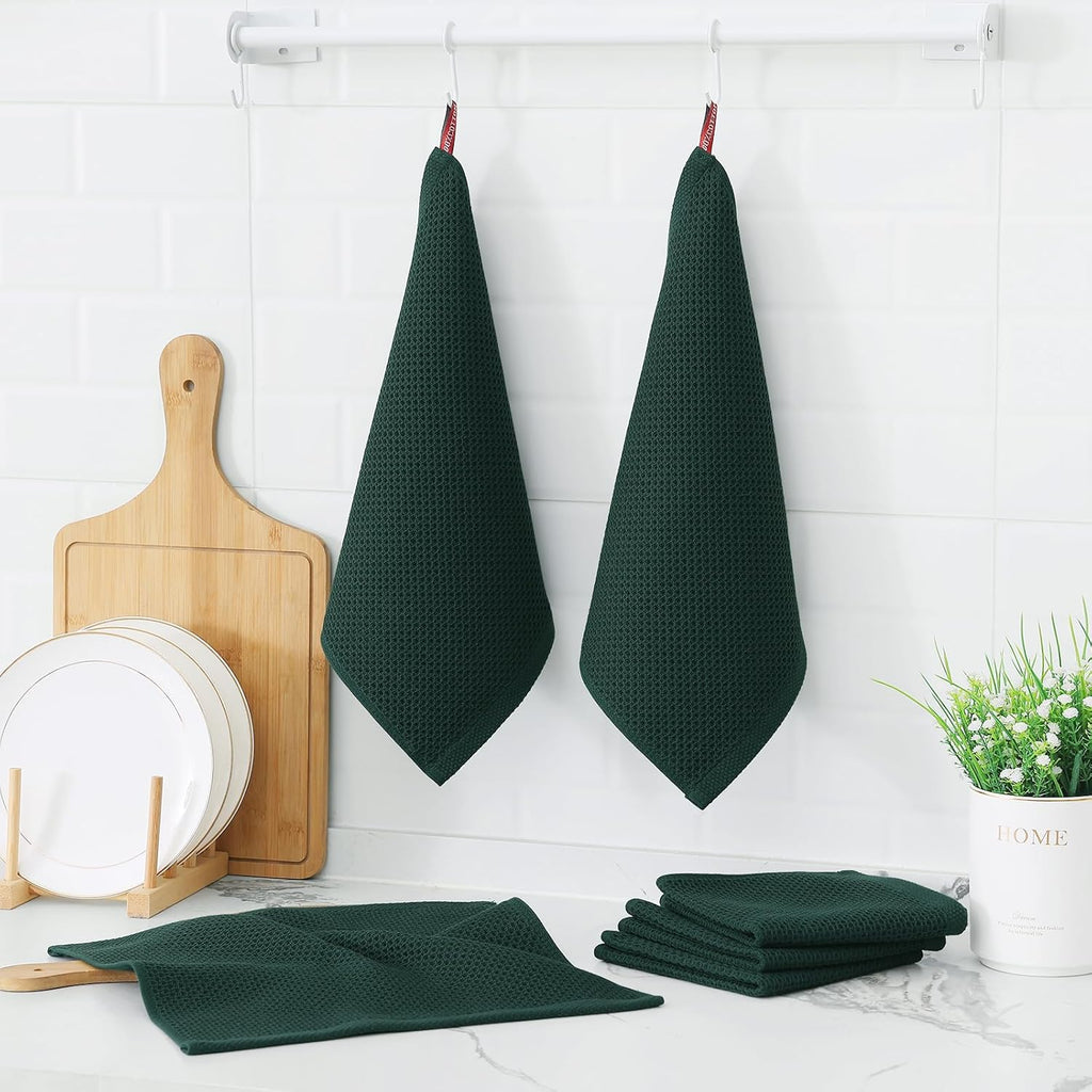 Kitinjoy 100% Cotton Kitchen Dish Cloths, 6 Pack Waffle Weave Ultra Soft Absorbent Dish Towels for Drying Dishes Quick Drying Kitchen Towels Dish Rags, 12 X 12 Inches, Blackish Green