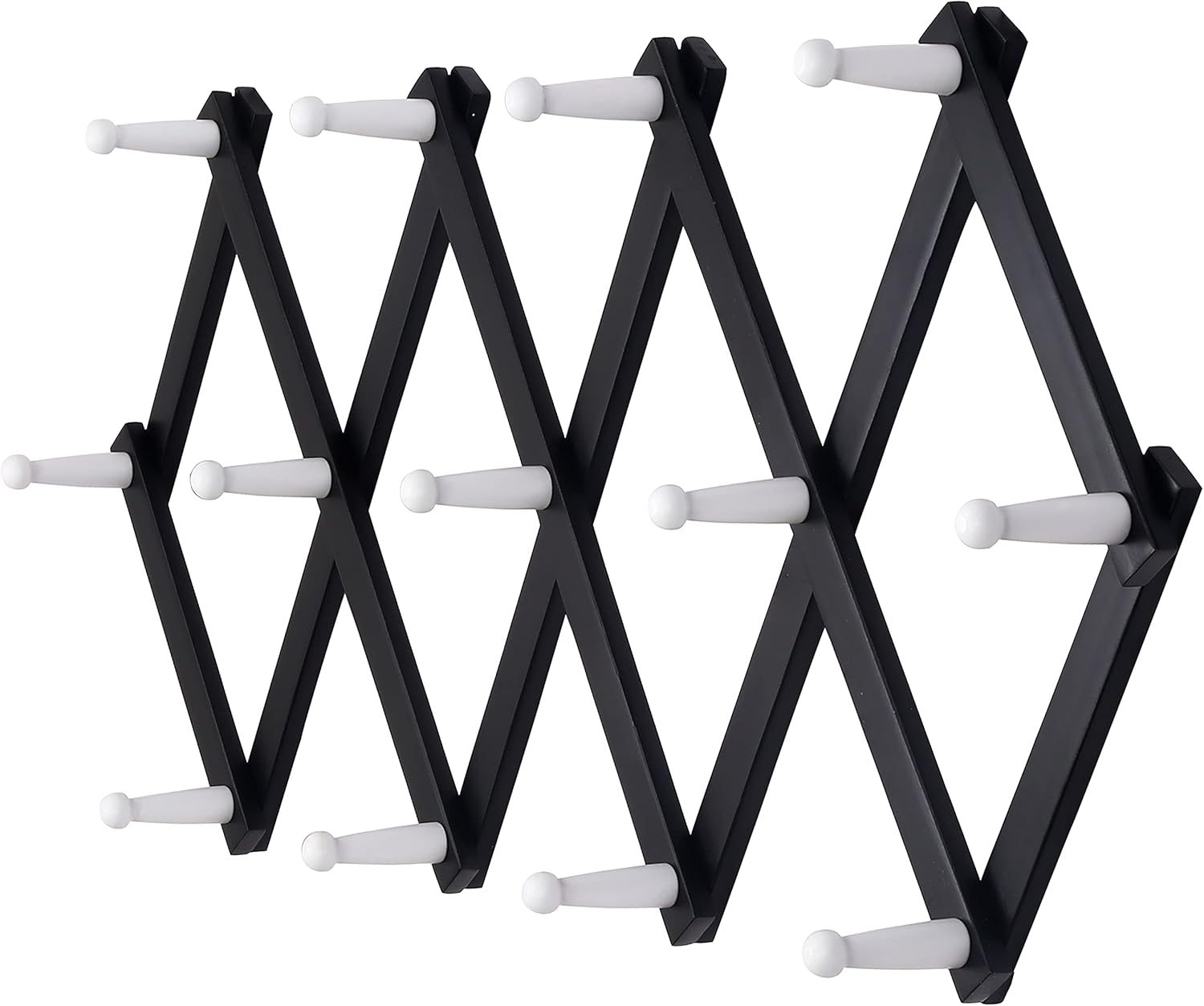 Dseap Accordian Wall Hanger: 16” High Wooden Wall Expandable Coat Rack, Hat Rack Holder, Accordion Hook for Baseball Caps, Coats, Mugs, 13 Peg Hooks, Black & White