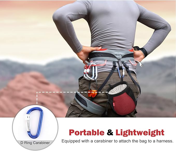 Rhino Valley Climbing Chalk Bag, No Leak Drawstring Chalk Bag with Adjustable Belt, Carabiner Clip and Zippered Pockets Chalk Bag for Climbing, Cross Fit, Weight Lifting & More
