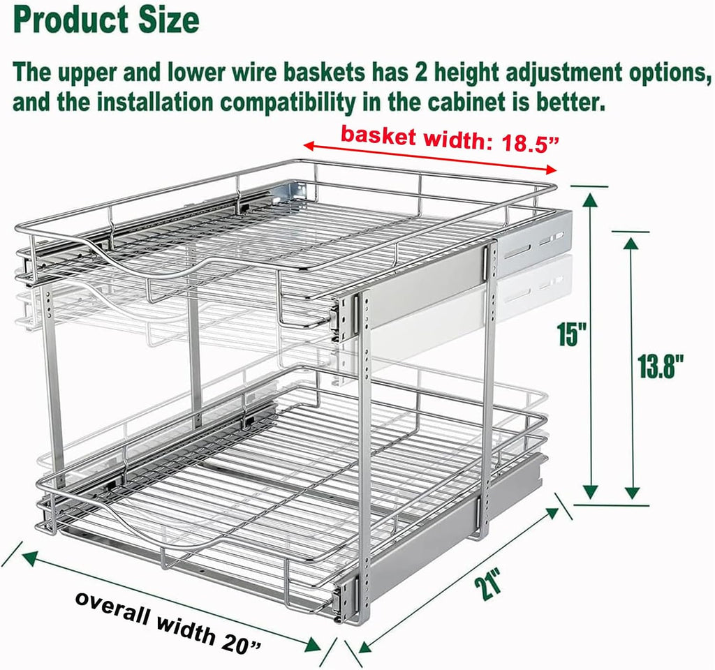 DINDON 2 Tier Pull Out Cabinet Organizer (20" W X 21" D), Double Tier Wire Basket Slide Out Shelf Storage for Kitchen Base Cabinet Organization for Kitchen, Pantry, Bathroom, Chrome