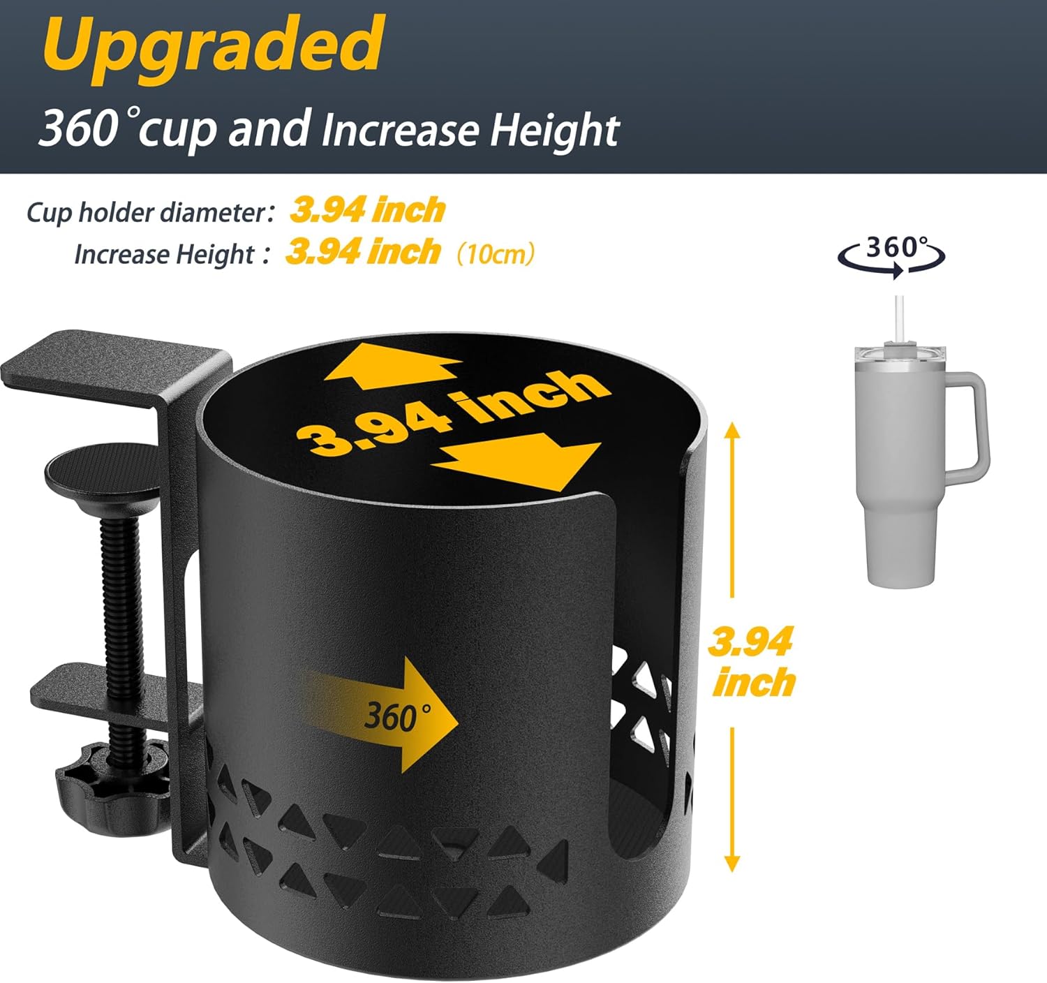 Desk Cup Holder Metal Under Desk 360° Rotating PC Gaming Accessories Anti-Spill Table Cup Holder Clamp on Chair for Coffee Mugs Stanley YETI Bottles, Pencil Holder