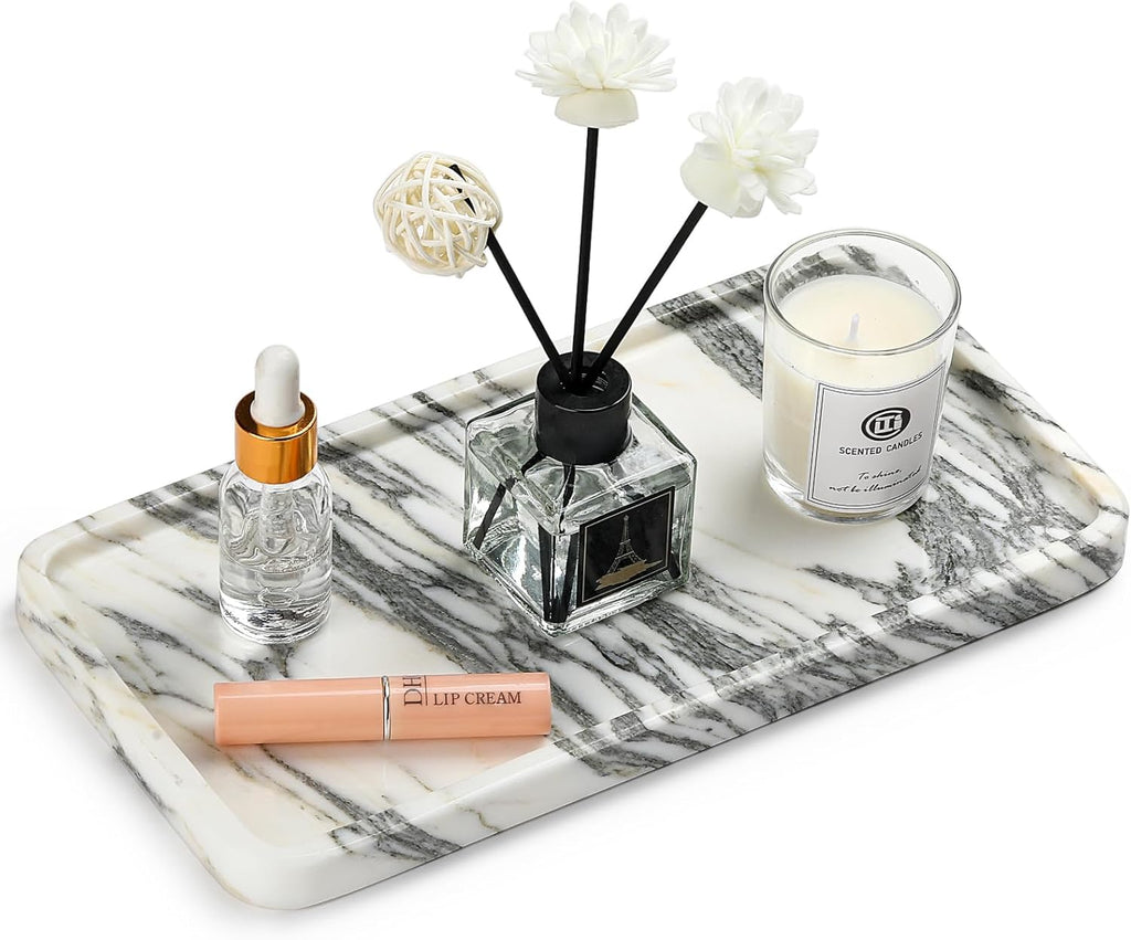 Natural Marble Vanity Tray - Moujings Genuine Marble Perfume Tray for Bathroom Decor, Stone Bathroom Vanity Organizer Tray for Kitchen Counter, Candles, Jewelry, Coffee, Makeup, Key